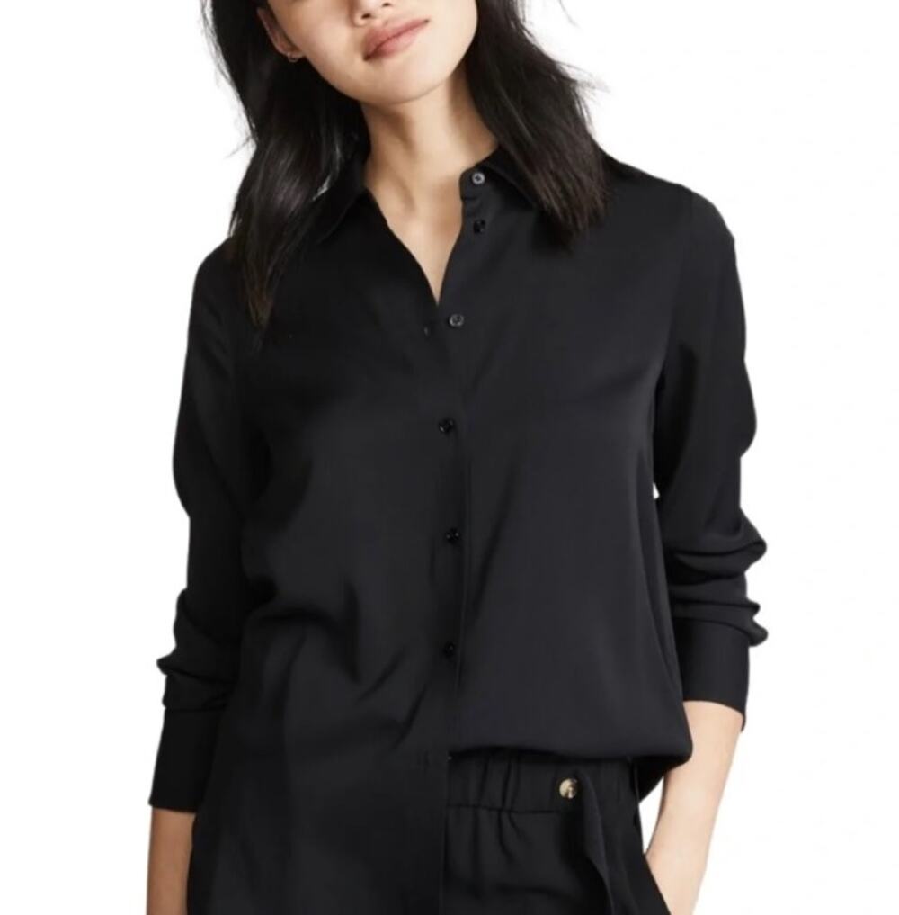 VINCE. Silk Stretch Black Button Up Top Classic Career Capsule Wardrobe Size M